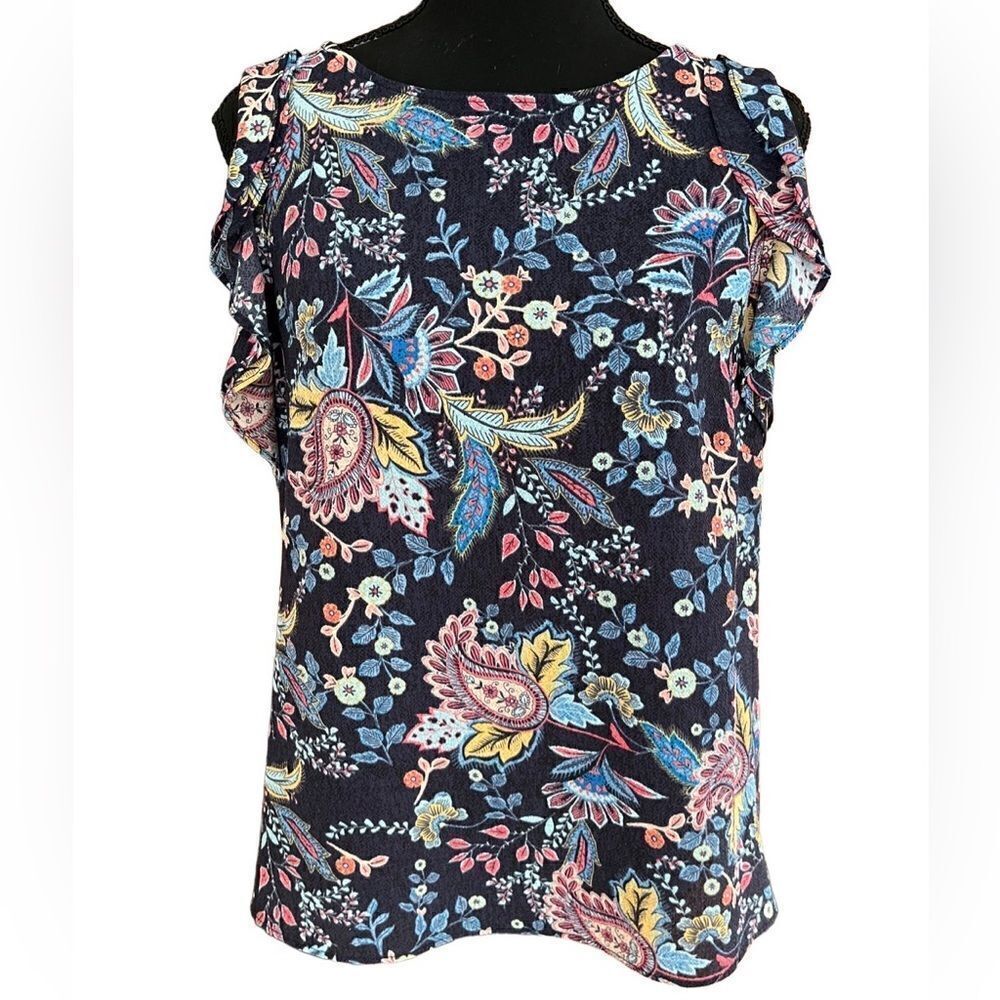 Label by Rachel Rachel Roy blue floral sleeveless top with keyhole back size S.